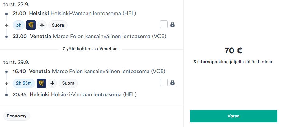 Suorat meno-paluulennot Helsingistä Venetsiaan syyskuussa alkaen 70€